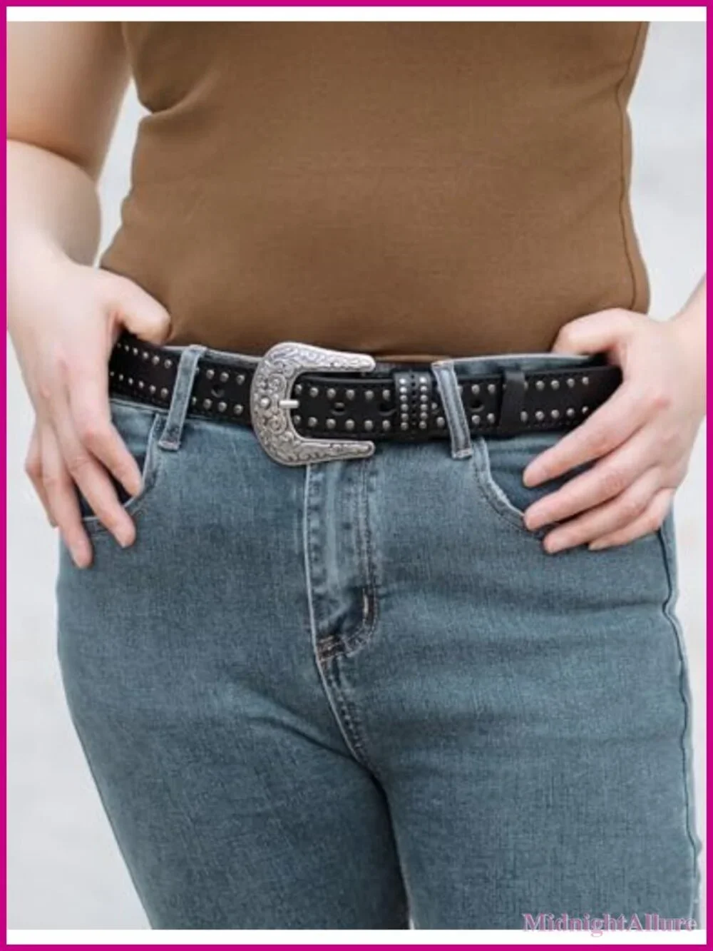 Western Studded Full-Grain Leather Belt Silver Buckle M